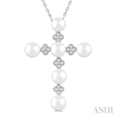 4 MM Round Shape Cultured Pearl and  1/10 Ctw Clover Round Cut Diamond Cross Pendant With Chain in 10K White Gold